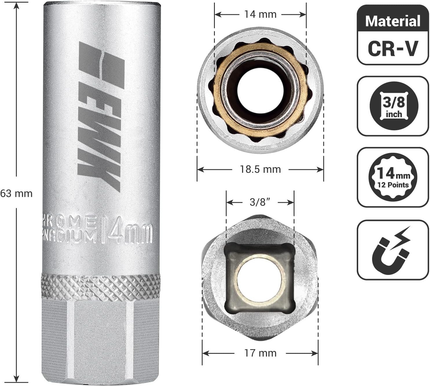 14MM 12 Point Thin Wall Magnetic Spark Plug Socket For BMW Mini Cooper Nissan