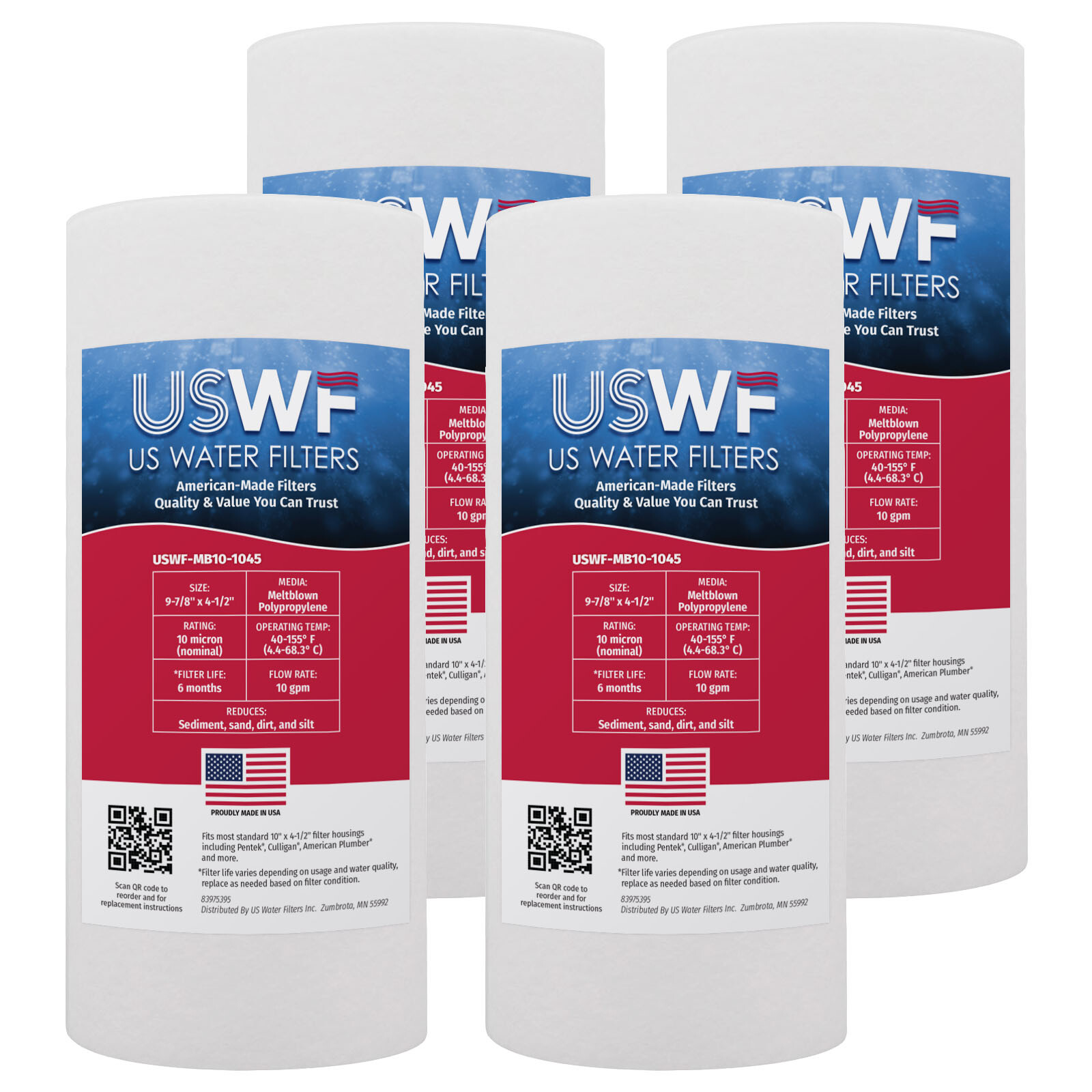 10 x 4.5 Inch 10 Micron Melt Blown Polypropylene Sediment Water Filter 4-Pack