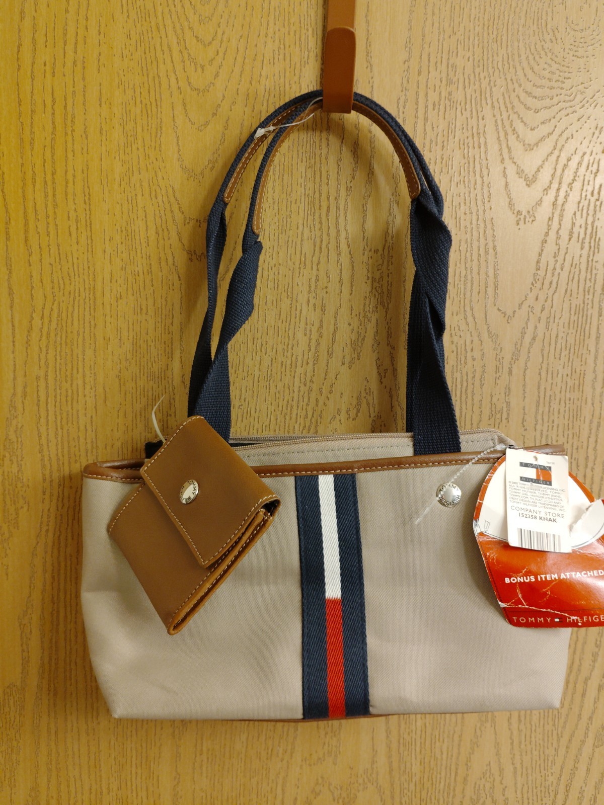 Tommy Hilfiger Women's Beige Navy Brown Striped Accessory Set Canvas Leather