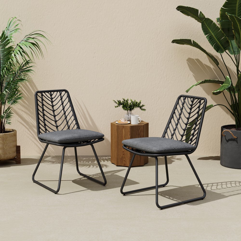 2PC Gray Outdoor Chairs w/ Water-Resistant Cushions - Rattan & Iron