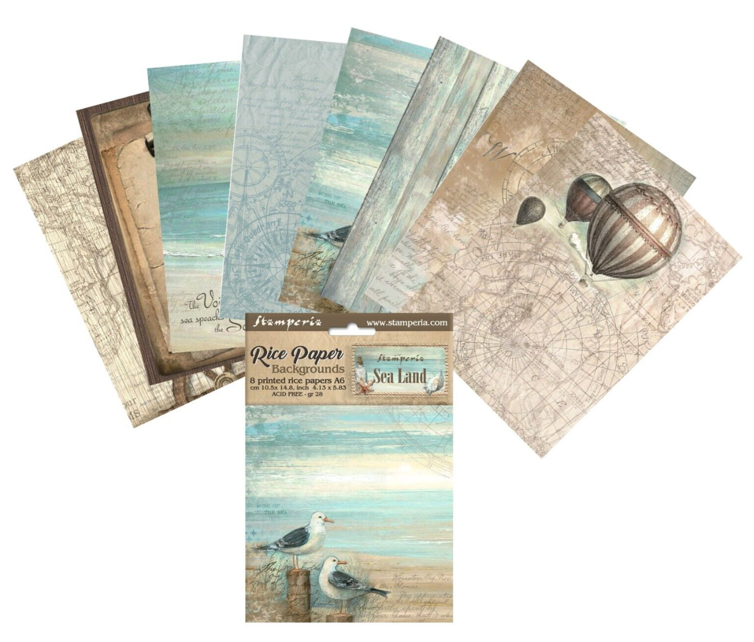 Stamperia A6 RICE PAPER BACKGROUNDS - SEA LAND - 8 SHEETS - 10.5 x 14.8cm