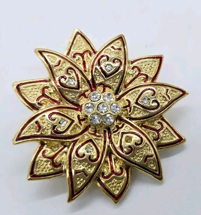 Gold Poinsettia Brooch Pin Red ENAMEL Christmas Crystal Accent 1.75" Holiday