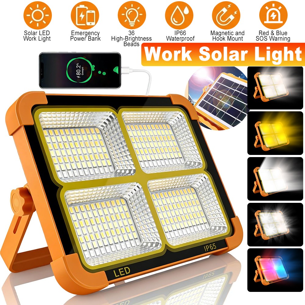 Solar Work Light LED Rechargeable Magnetic Camping Floodlight Portable Powerbank