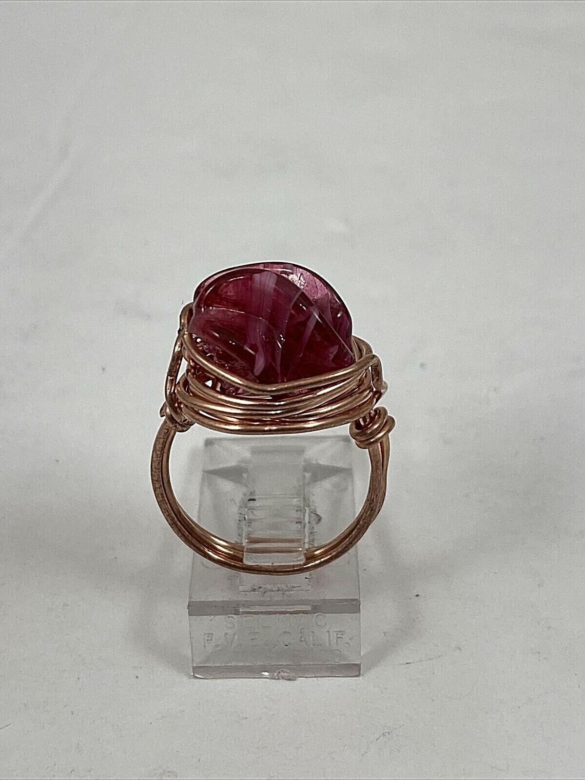 Handmade ~ Copper Wire Wrap ~ Pink Tones Glass Bead Ring ~ Size 5 #163