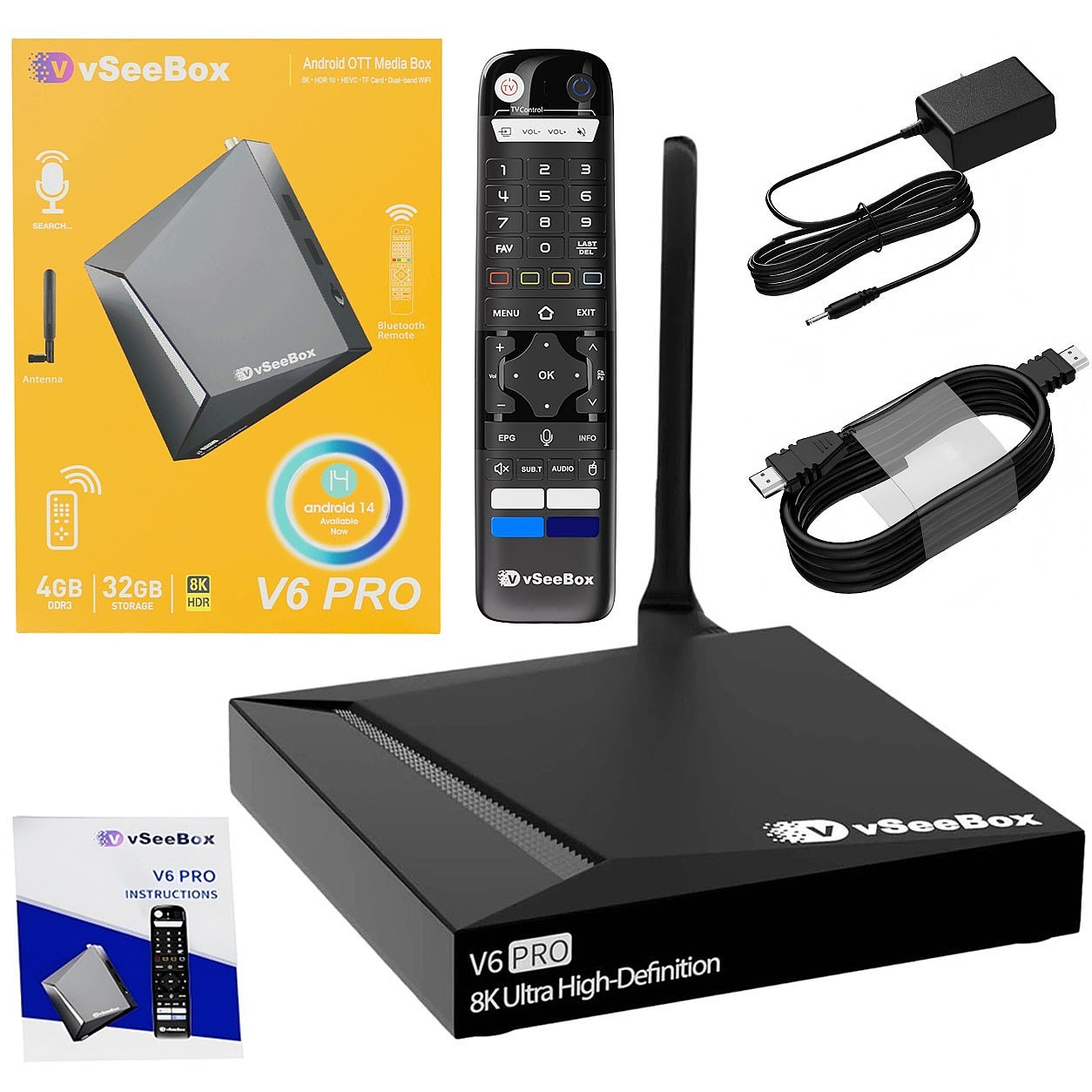 vSeeBox V6 Pro Android 14 Streaming Box with 4GB + 32GB，Dual-Band WiFi