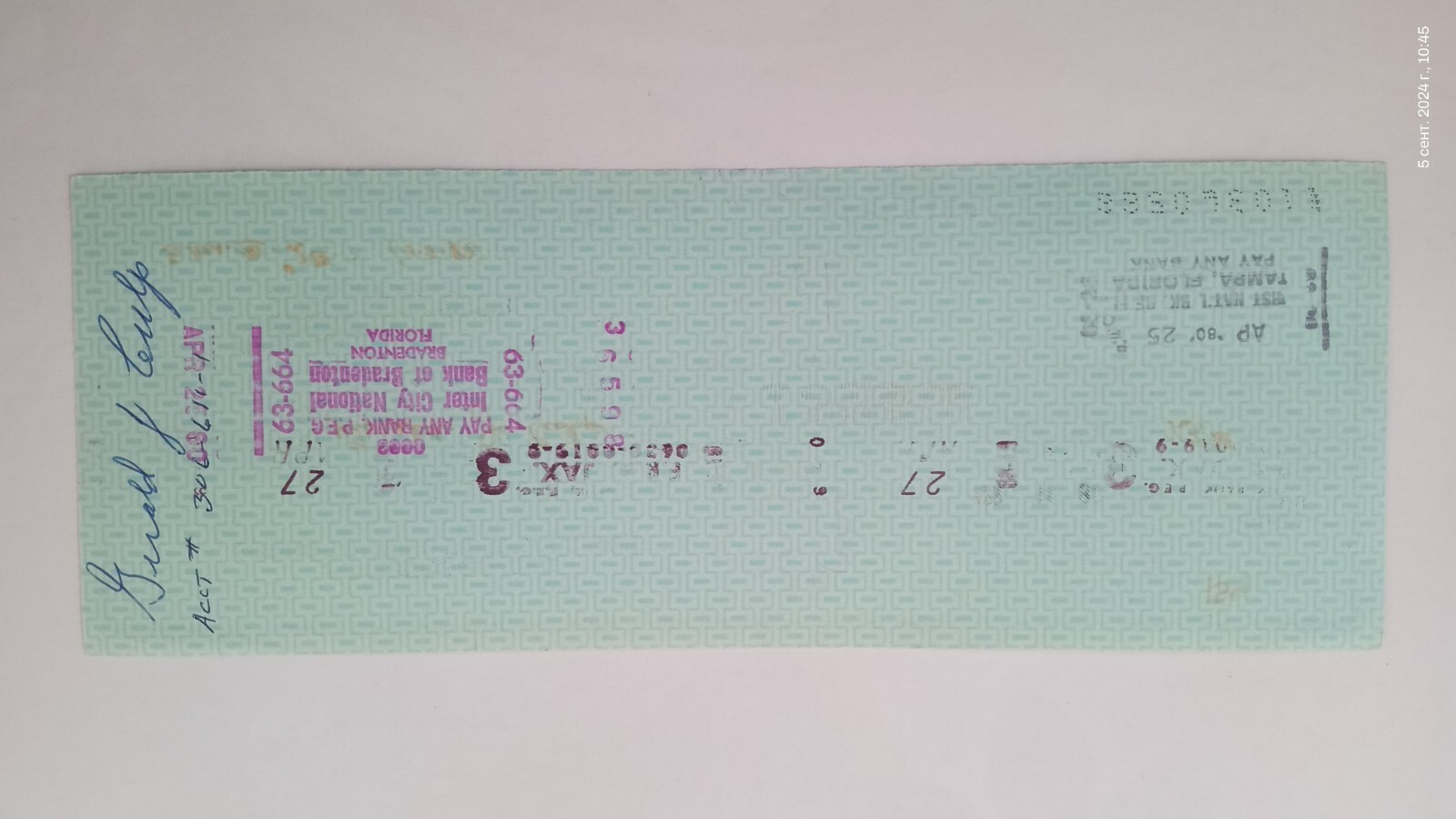 1980 Pirates (Spring Training Check) Bradenton, FL - Gerald J. Culp #154