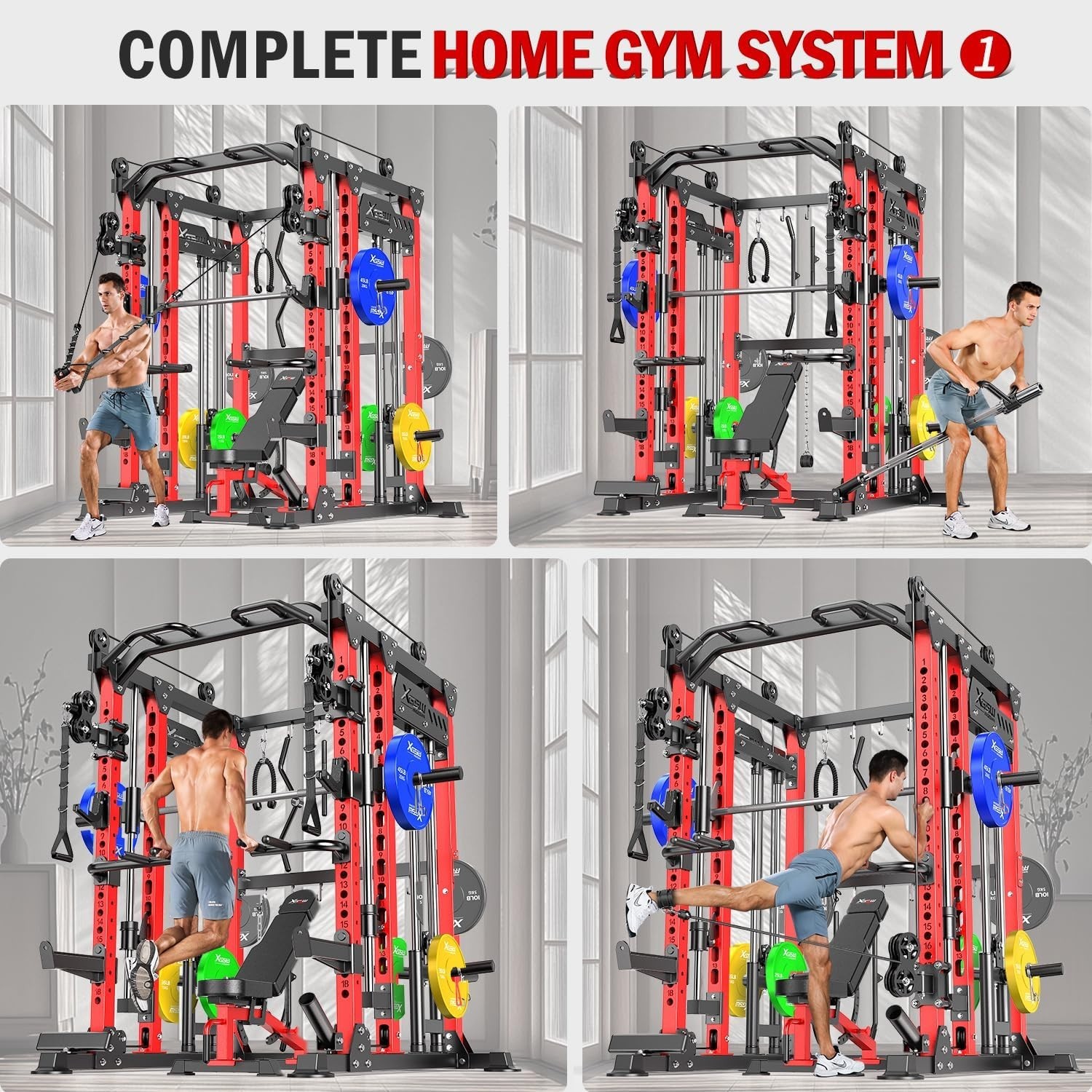Smith Machine with Cable Crossover System, Multi-Function Power Cage Squat Rack