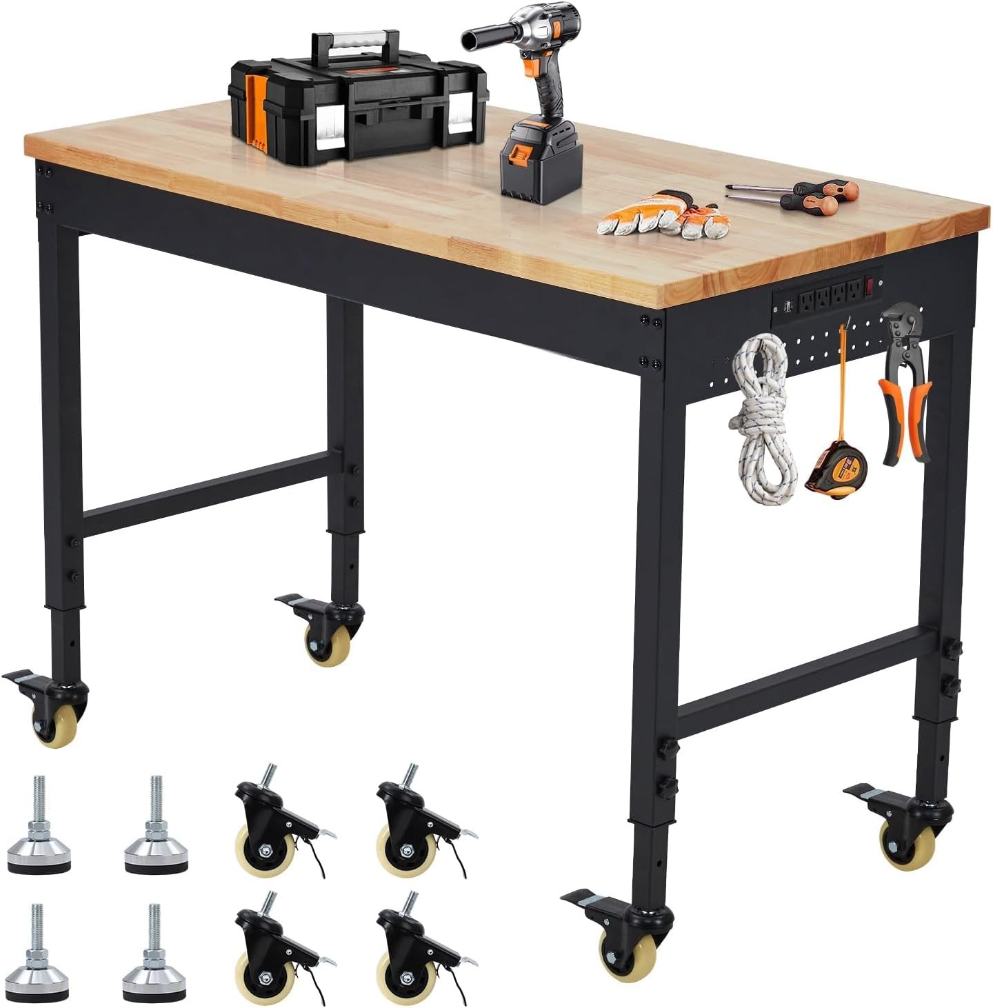 Adjustable Height Workbench 60"L x 22"W Work Bench Table w/ Power Outlets&Wheels