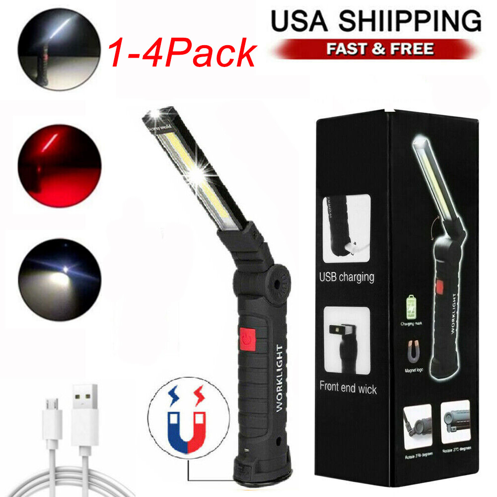 1-4Pcs Rechargeable LED COB Work Light Mechanic Flashlight Lamp Magnetic Base