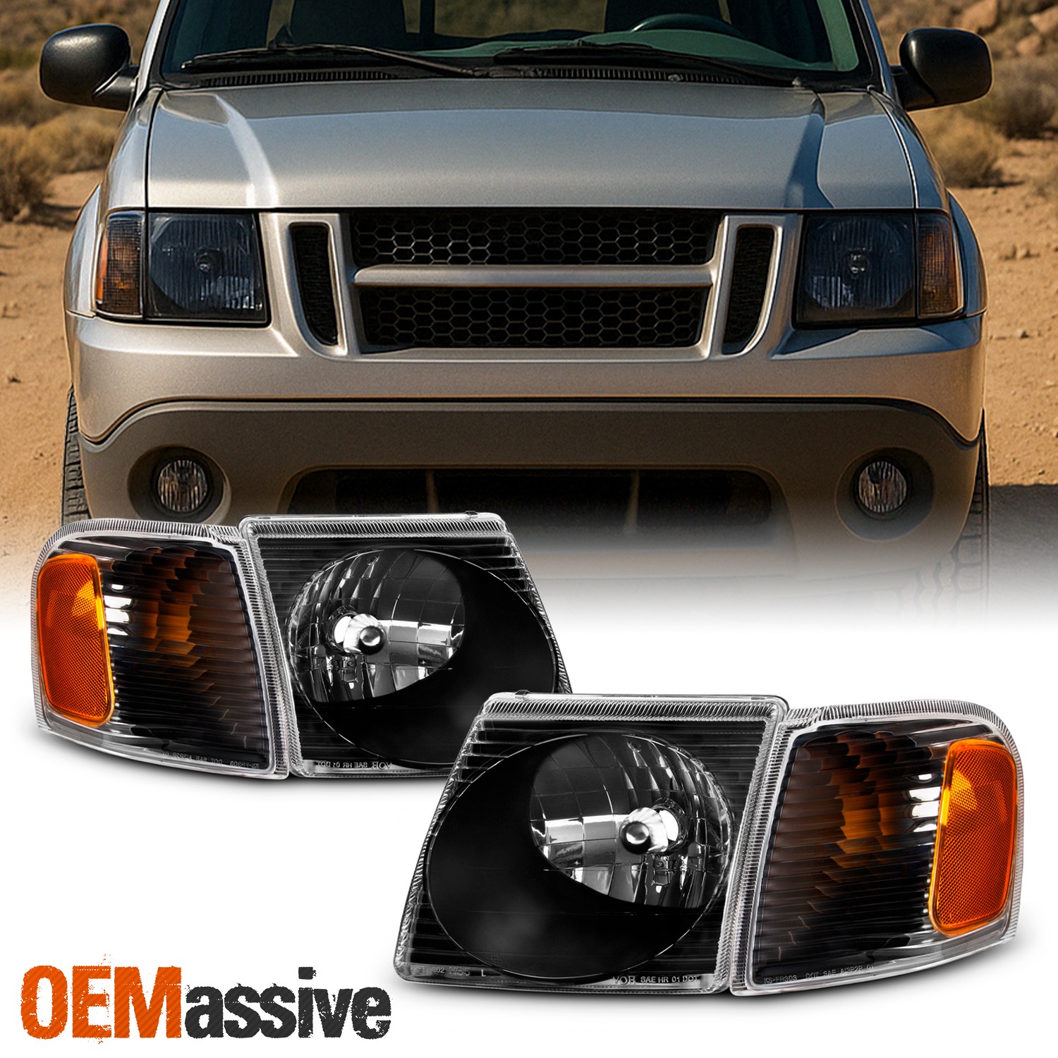 For 01-05 Ford Explorer Sport Trac Black Bezel Headlight + Corner Signal Lamp