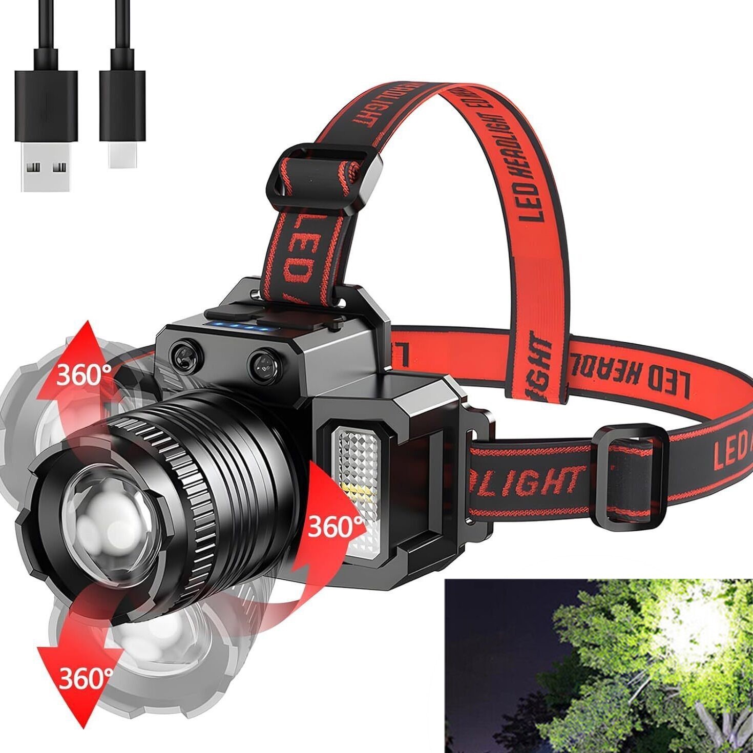 USB Rechargeable 99000000LM Powerful Sensor Headlight 5-Modes Zoomable Headlamp
