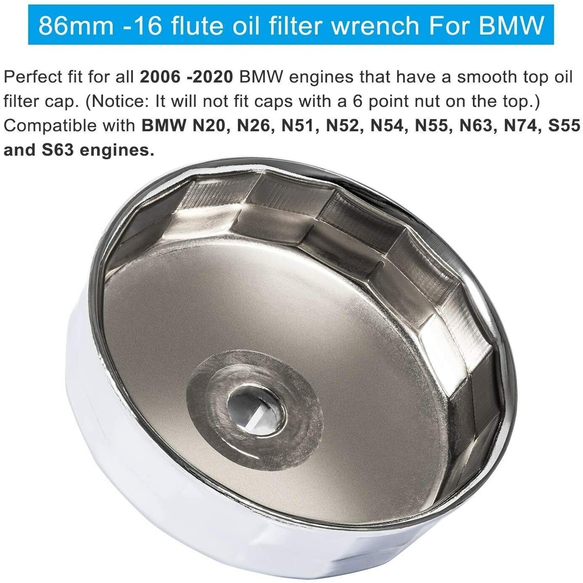 Steel Oil Filter Wrench 86mm 16Flutes Remover Cap Tool for BMW & Volvo
