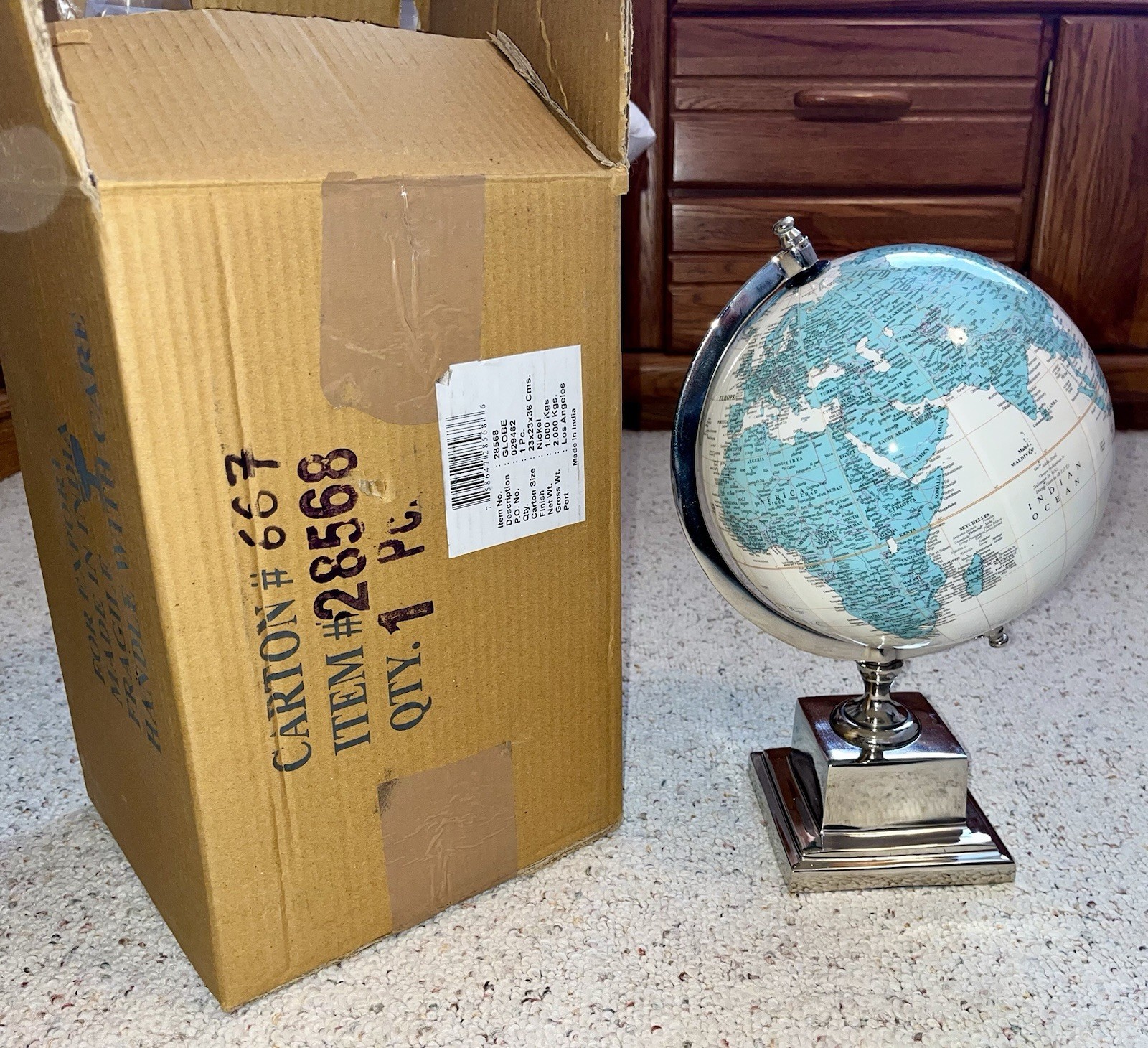Wayfair 12-Inch Blue & Cream-Colored Globe w/ Nickel-Finished Base - NEW IN BOX
