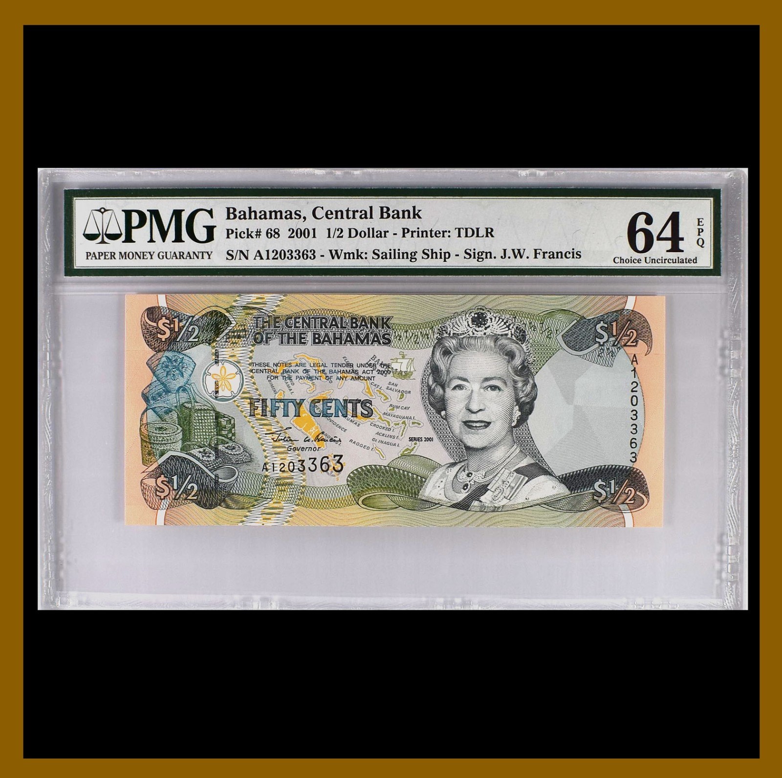Bahamas 1/2 Dollar, 2001 P-68 PMG 64 EPQ Unc