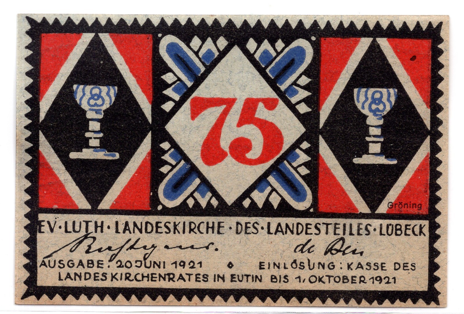 1921 Germany Eutin Notgeld 75 Pfennig Note (2537)