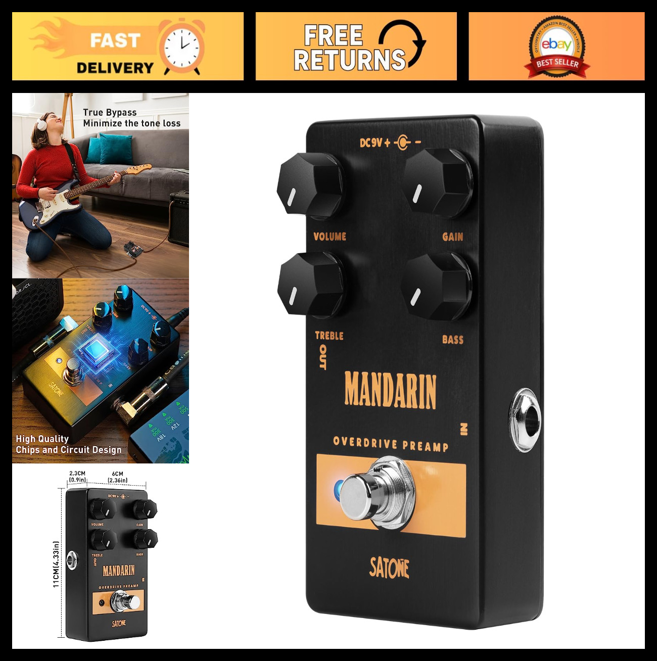 Classic Overdrive Preamp Effect Pedal - 4 Controls, True Bypass, Acoustic & Meta