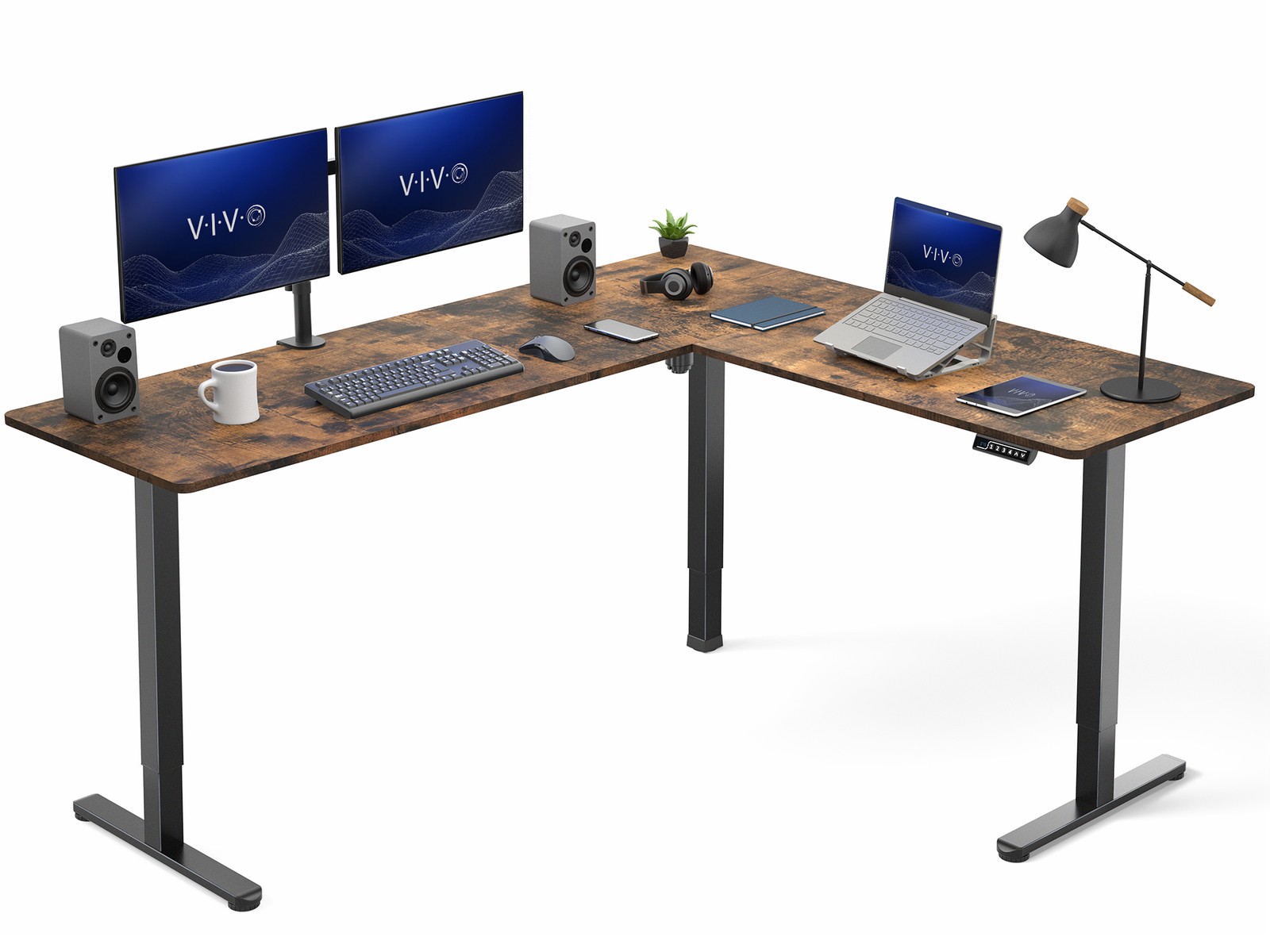 VIVO Rustic Vintage Brown / Black Electric 75" x 63" Corner Desk Workstation