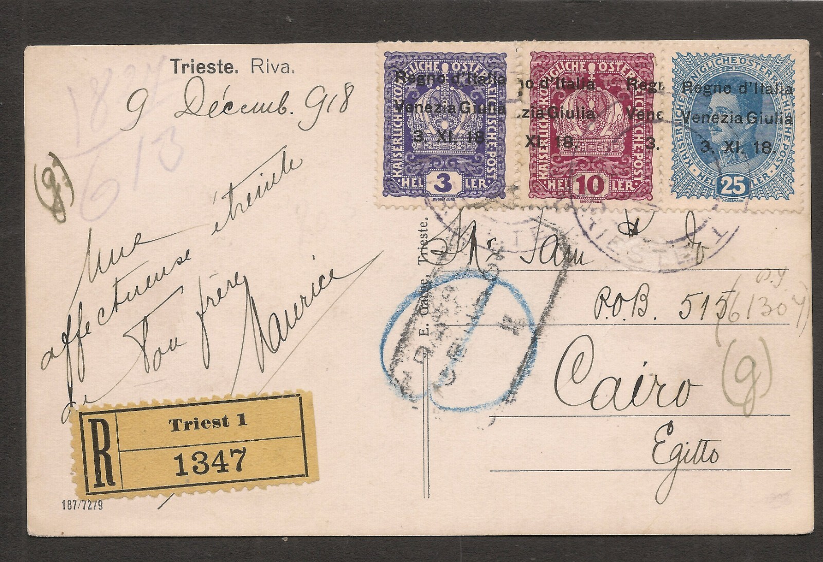 Italy VENEZIA GIULIA 1918 Registered Postcard to Egypt