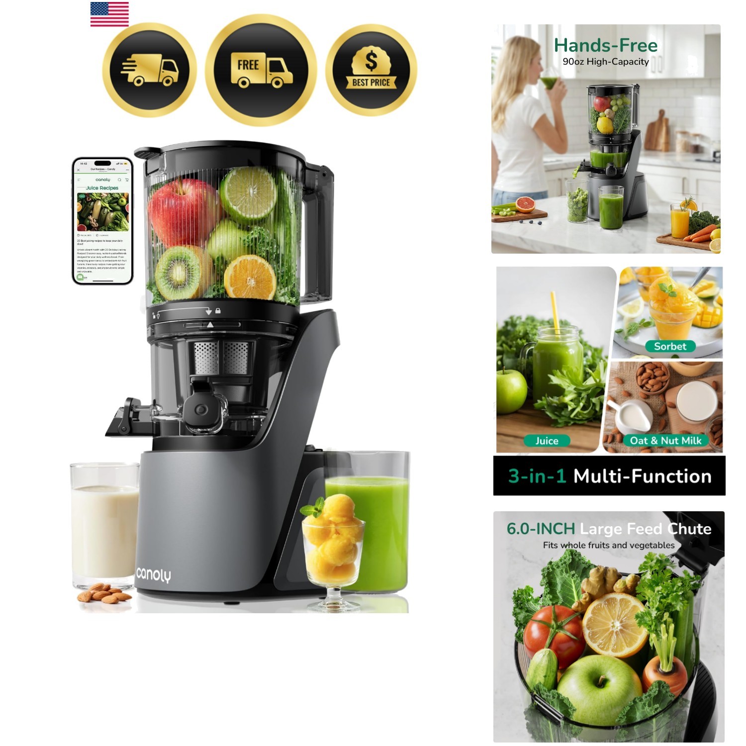 Cold Press Juicer, 6" Extra Wide Feed Chute, 3-IN-1 Strainers Juice & Sorbet ...