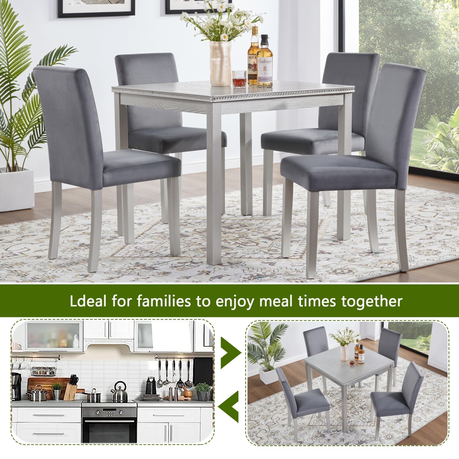 5 Piece Dining Table Set Wooden Square Dining Table and 4 Chairs for Dining Room