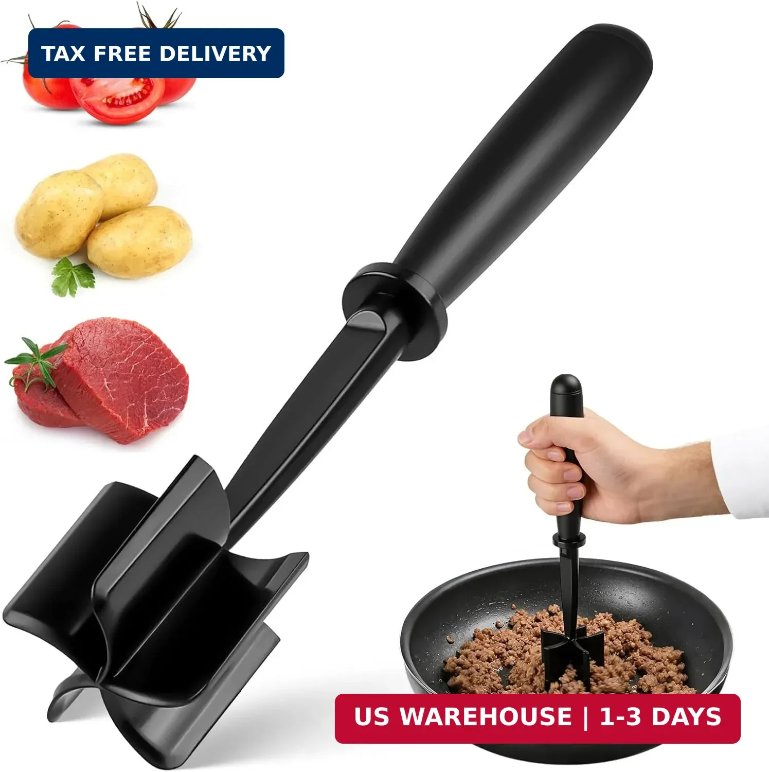 Meat Masher, Ground Beef Chopper Tool with 5 Curve Blades & Ergonomic Non-Slip H