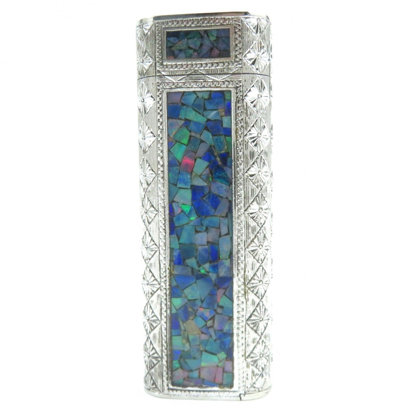 Vintage Cartier Oval Mosaic Opal Gas Lighter Silver Blue No Box Tested Working