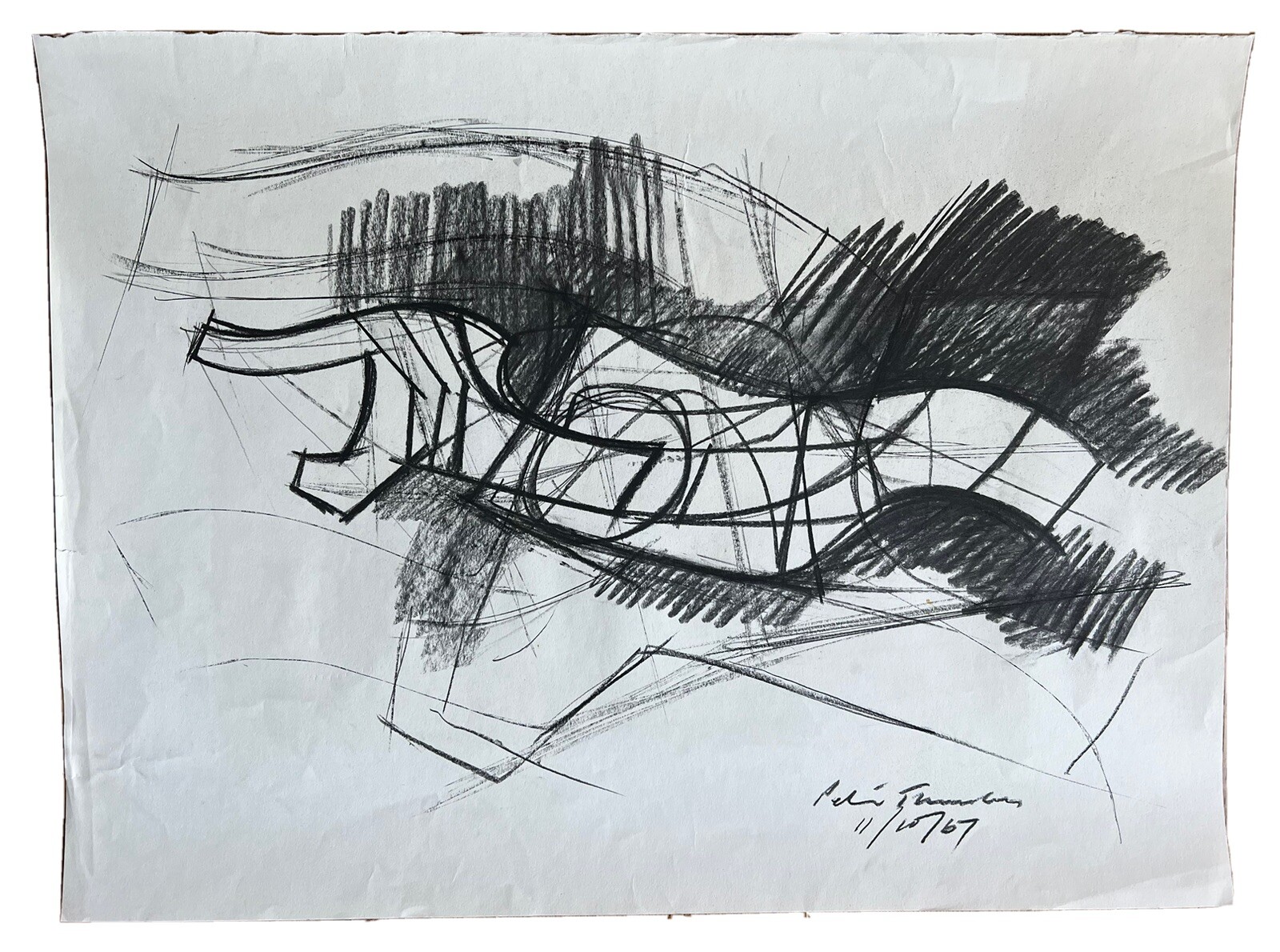 Peter Thursby Original 1967 Charcoal Drawing Study For Sculpture Signed Dated