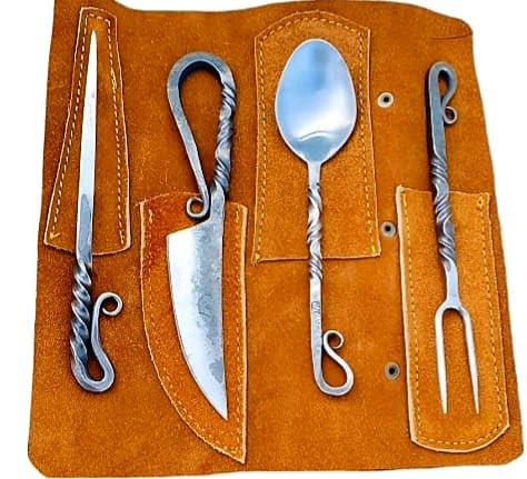 Hand Forged Black Silverware Set with Leather Cover Kitchen Utensils Set New