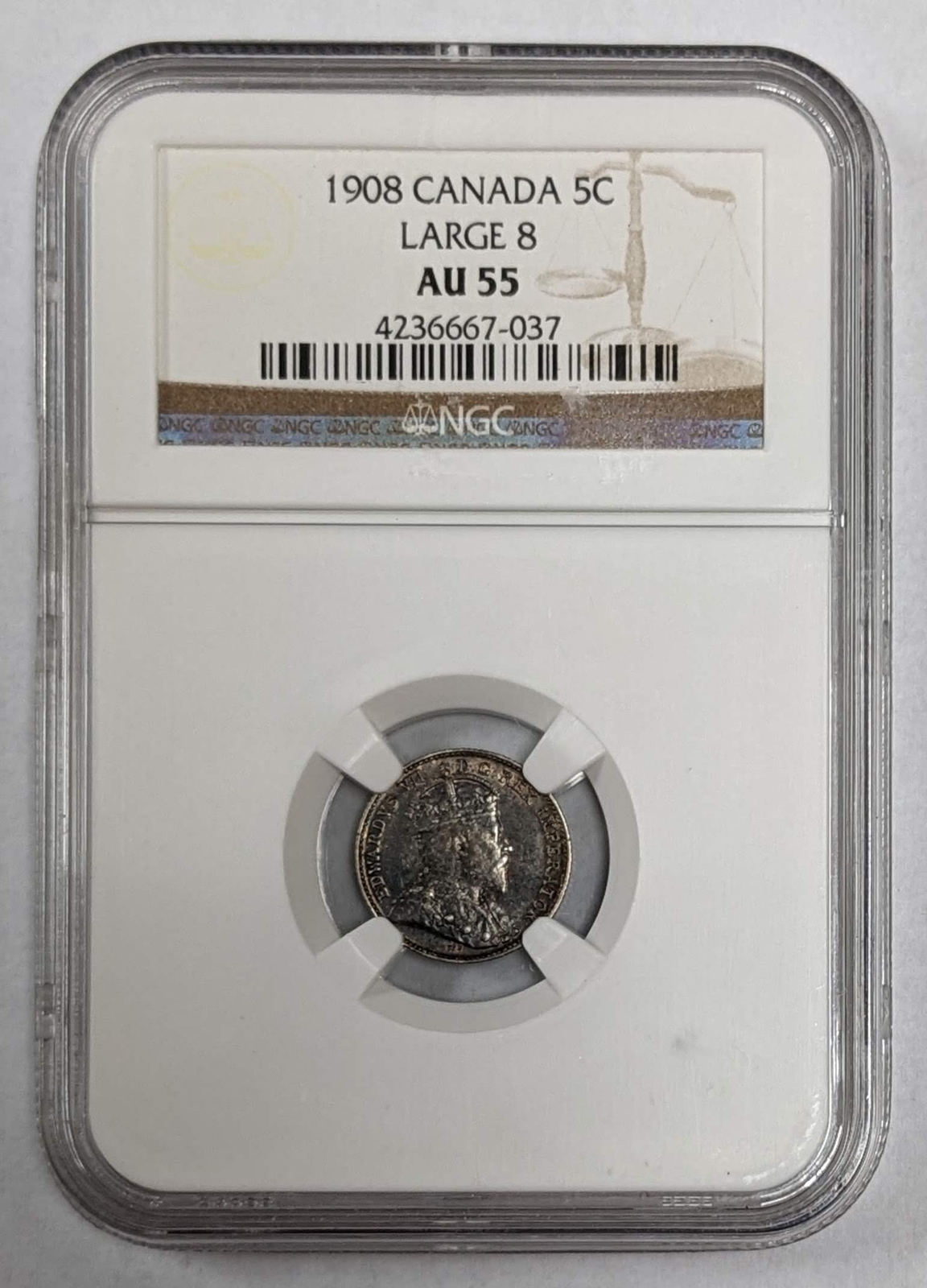 1908 Canada 5c Large 8 NGC AU 55