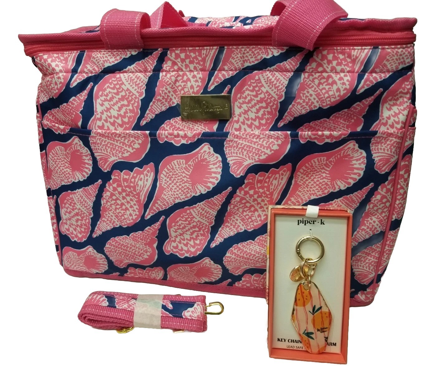 Lilly Heritage/Piper K Beach Cooler Tote Bag Pink Conch W/ Keychain/Purse Charm