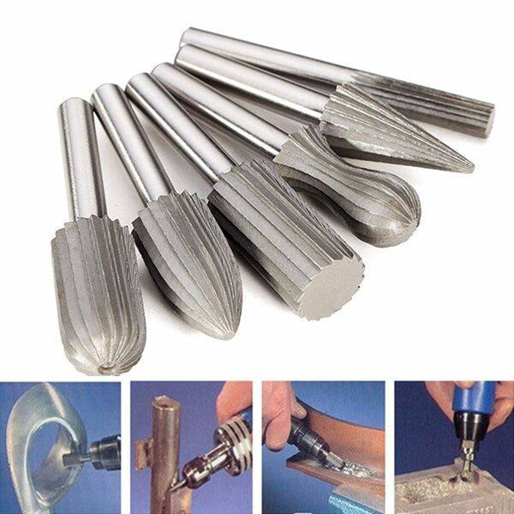 6pcs 6mm 1/4" Rotary Burr Set HSS Rotary Files For Metal Plastic Wood Grinding