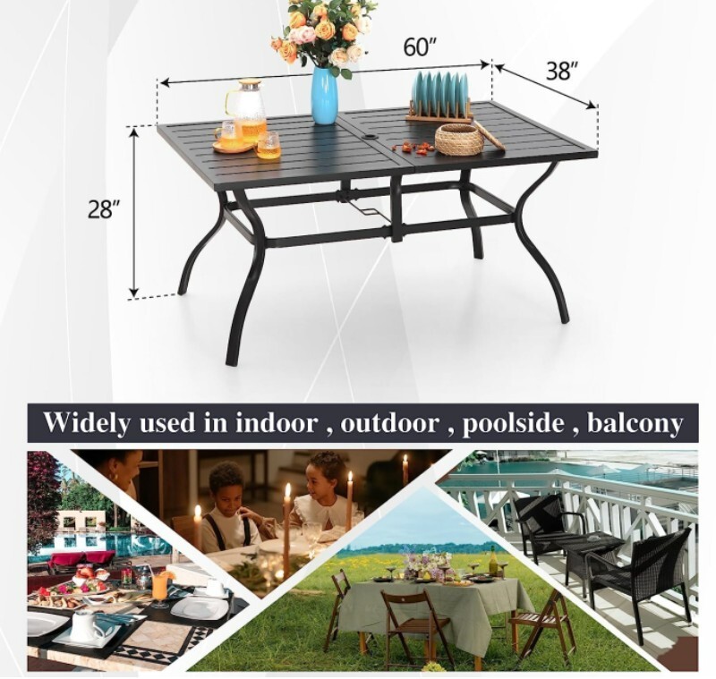 PHI VILLA Patio Dining Table for 6 Person Outdoor Table with Umbrella Hole Black
