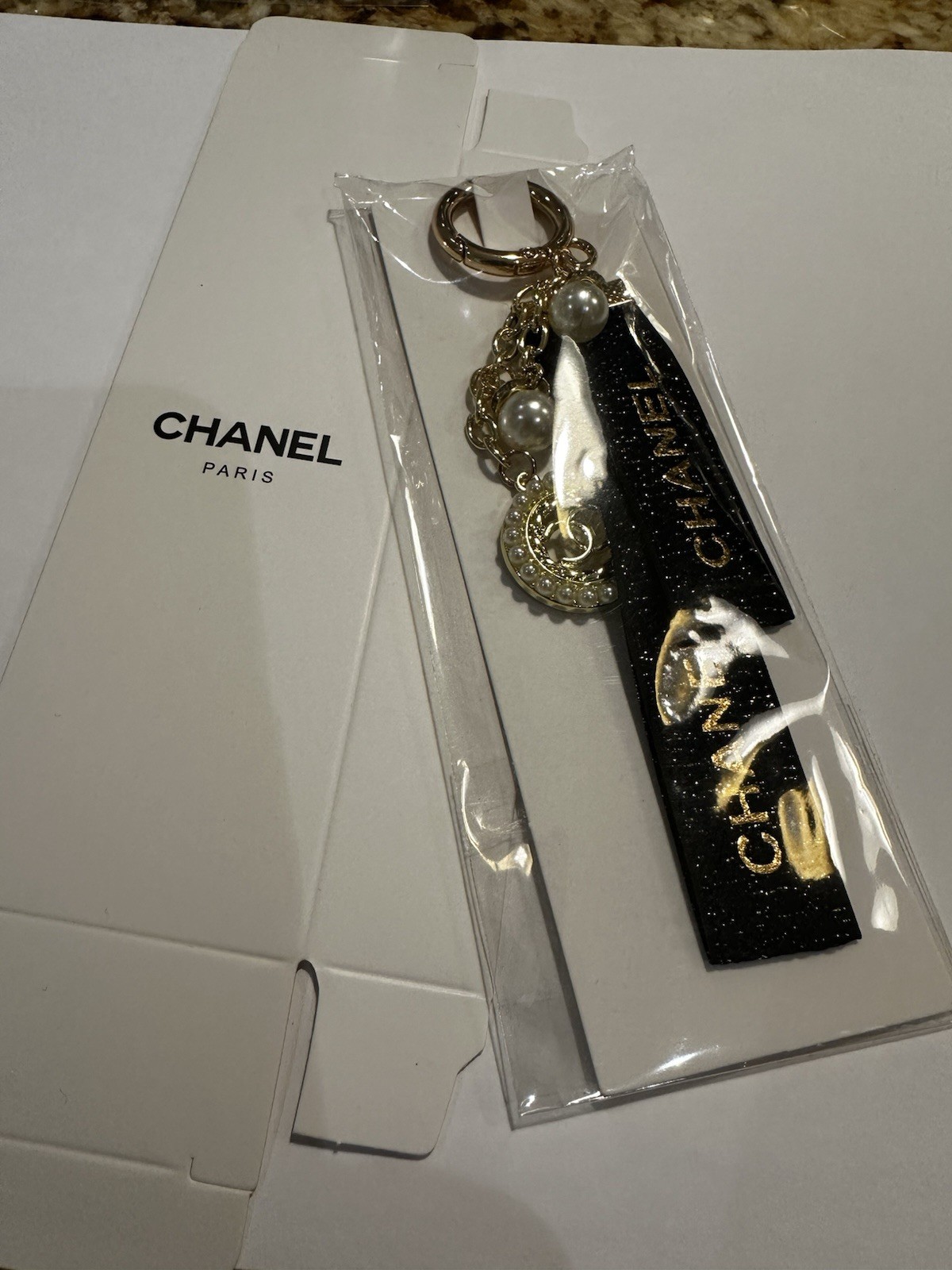 Brand New Chanel VIP Navy Metallic Ribbon Pearl Rhinestone Key Chain Bag Charm