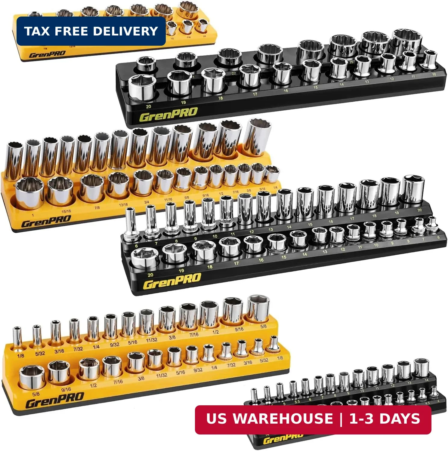 Socket Organizer for Tool Box Drawer, 6pc 143 Metric & SAE Magnetic Socket Holde