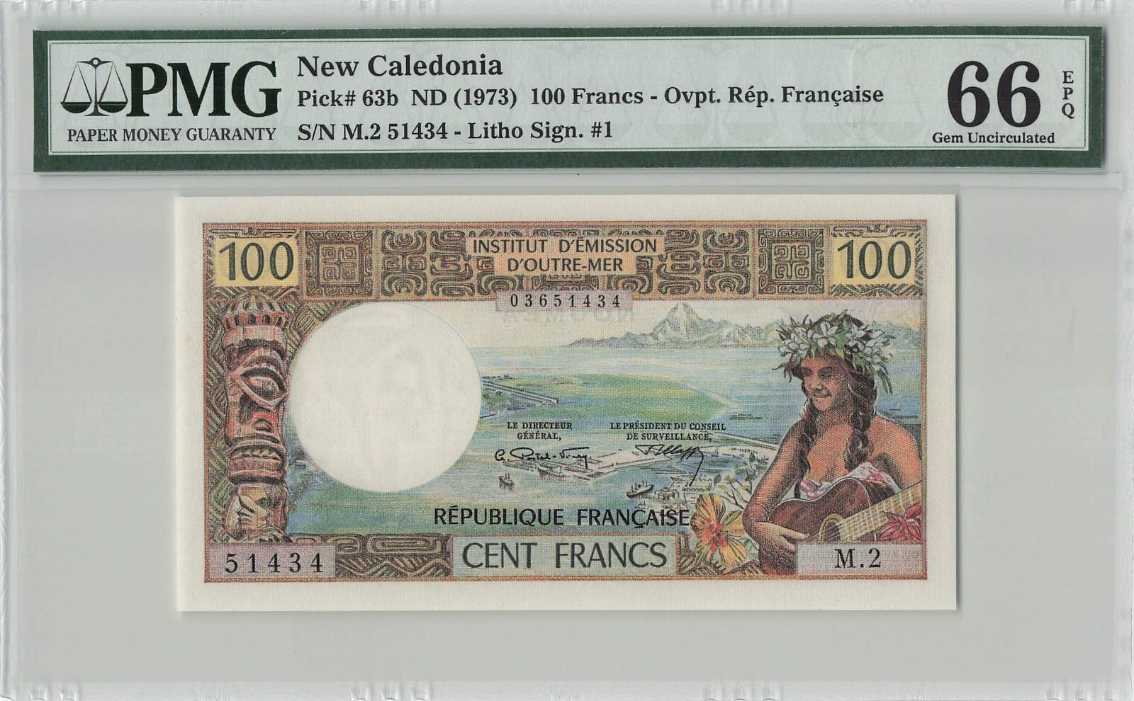 New Caledonia P63b, PMG Graded 66 Gem Uncirculated, Banknote.
