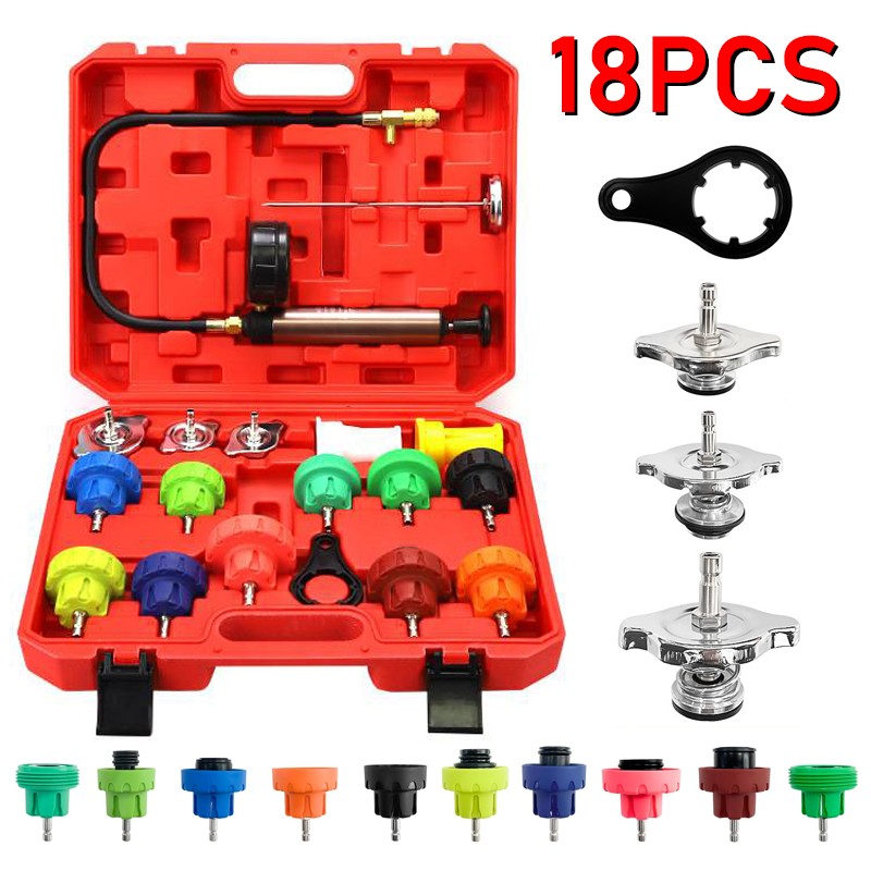 18Pcs Radiator Pump Pressure Leak Tester Detector Coolant System Test Tool Kit