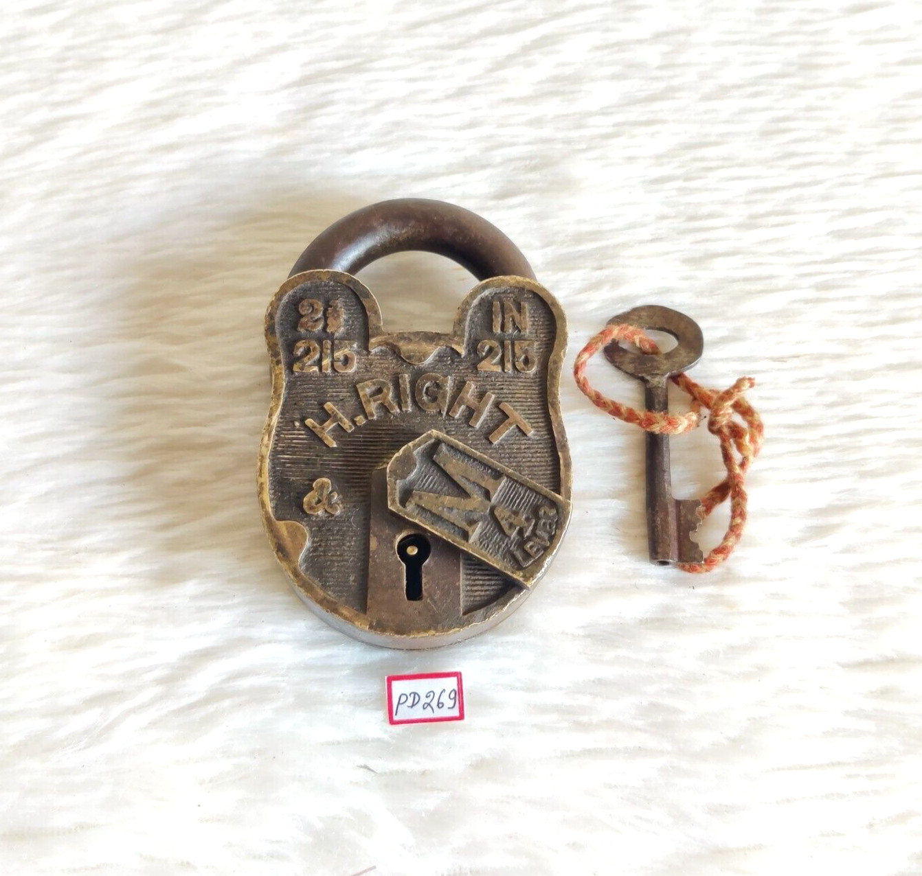 Vintage H.Right & Co Embossed 4 Lever Brass Padlock With Original Key PD269