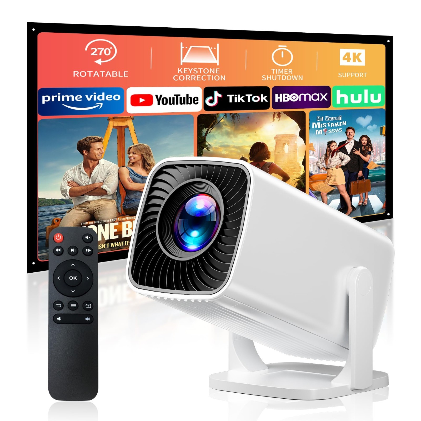 4K Mini Projector - Portable, Electric Focus, Keystone, Rotatable Stand, Short T