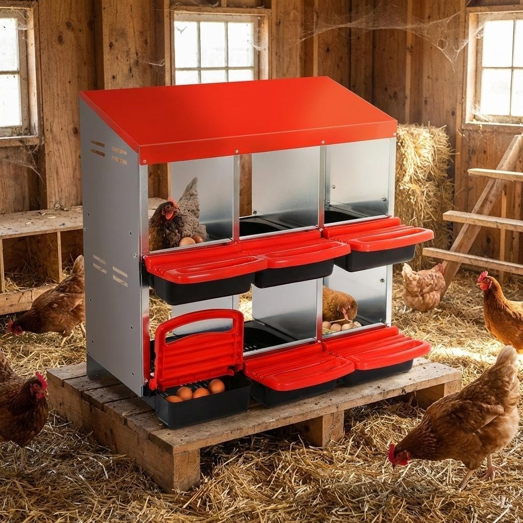 Roll Away Chicken Nesting Boxes, 6 Compartment Metal Laying Box Weatherproof