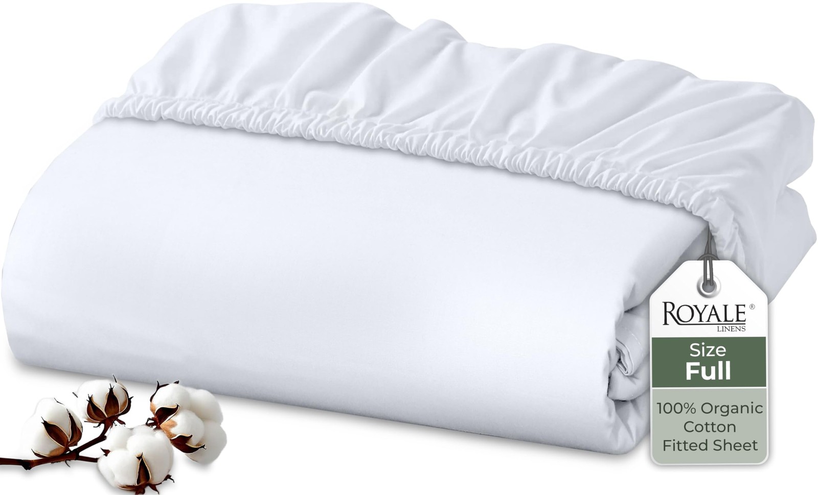 Royale Linens 100% Organic Cotton Fitted Sheet - Percale Weave - Full, White