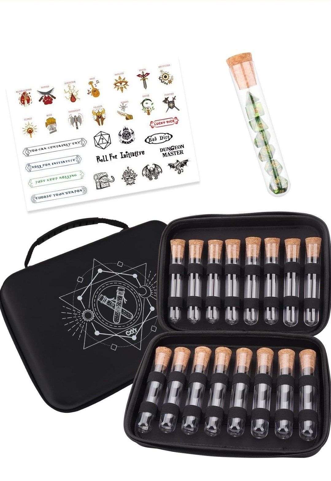 D&D RPG Dice Storage Case, 16 Potion Tubes in Portable EVA Organizer