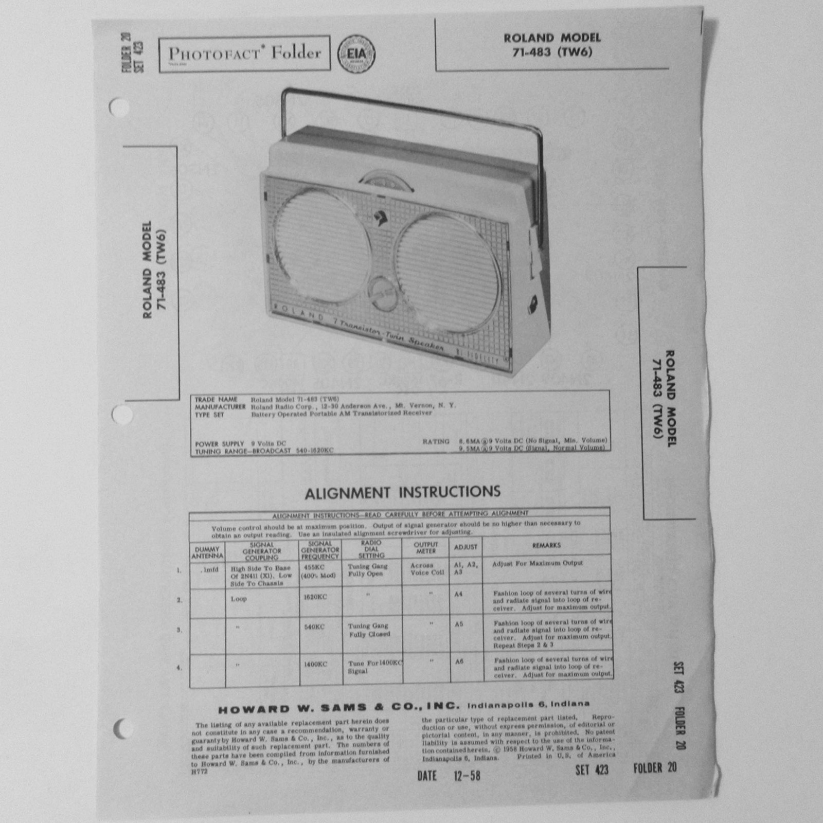 Roland Model 71-483 Portable AM Radio - SAMS Photofact ™ 1958 New