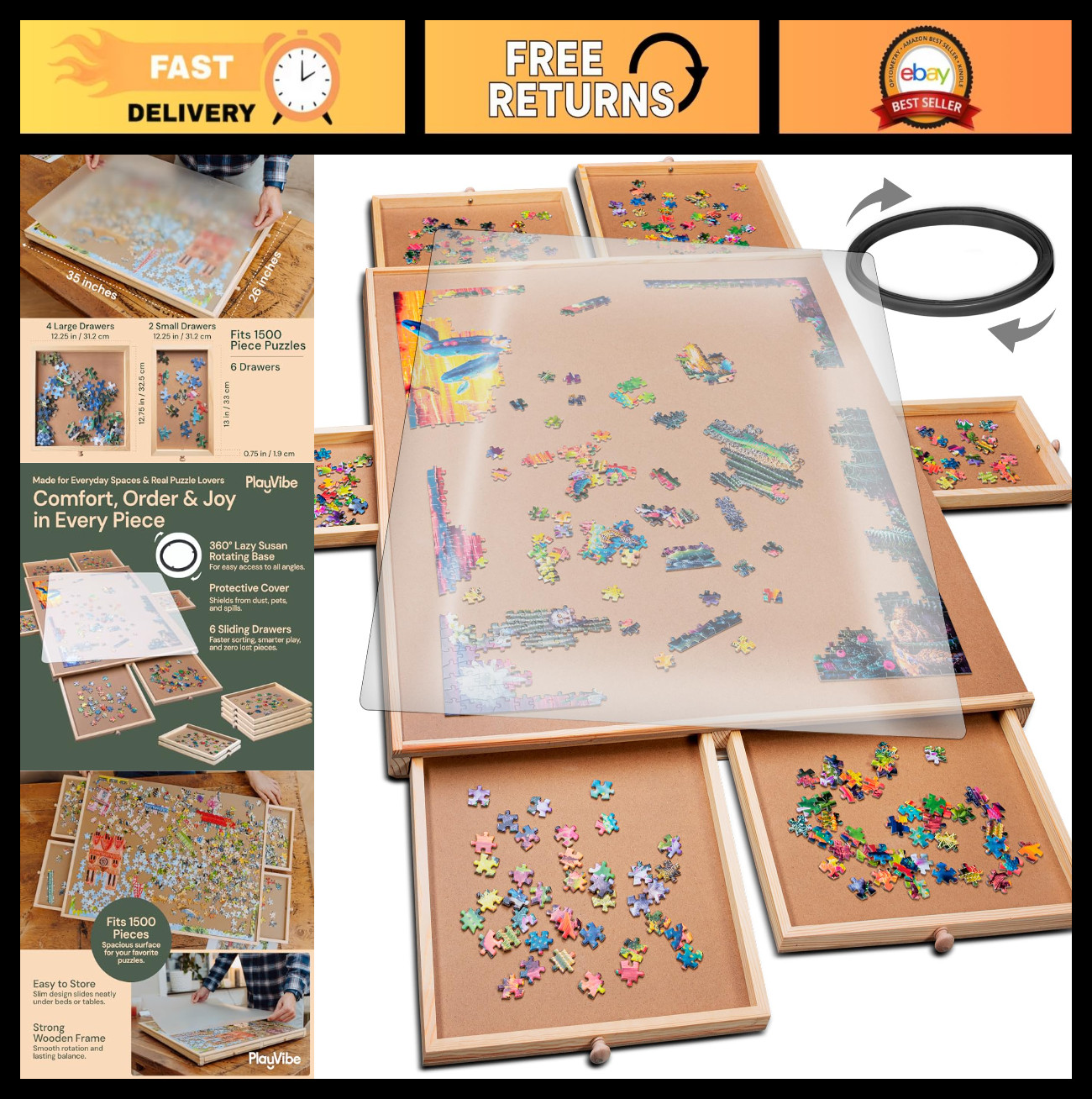 Rotating Puzzle Board for 1500 Pieces - 26x35 in with 6-Drawer Storage & Lazy Su