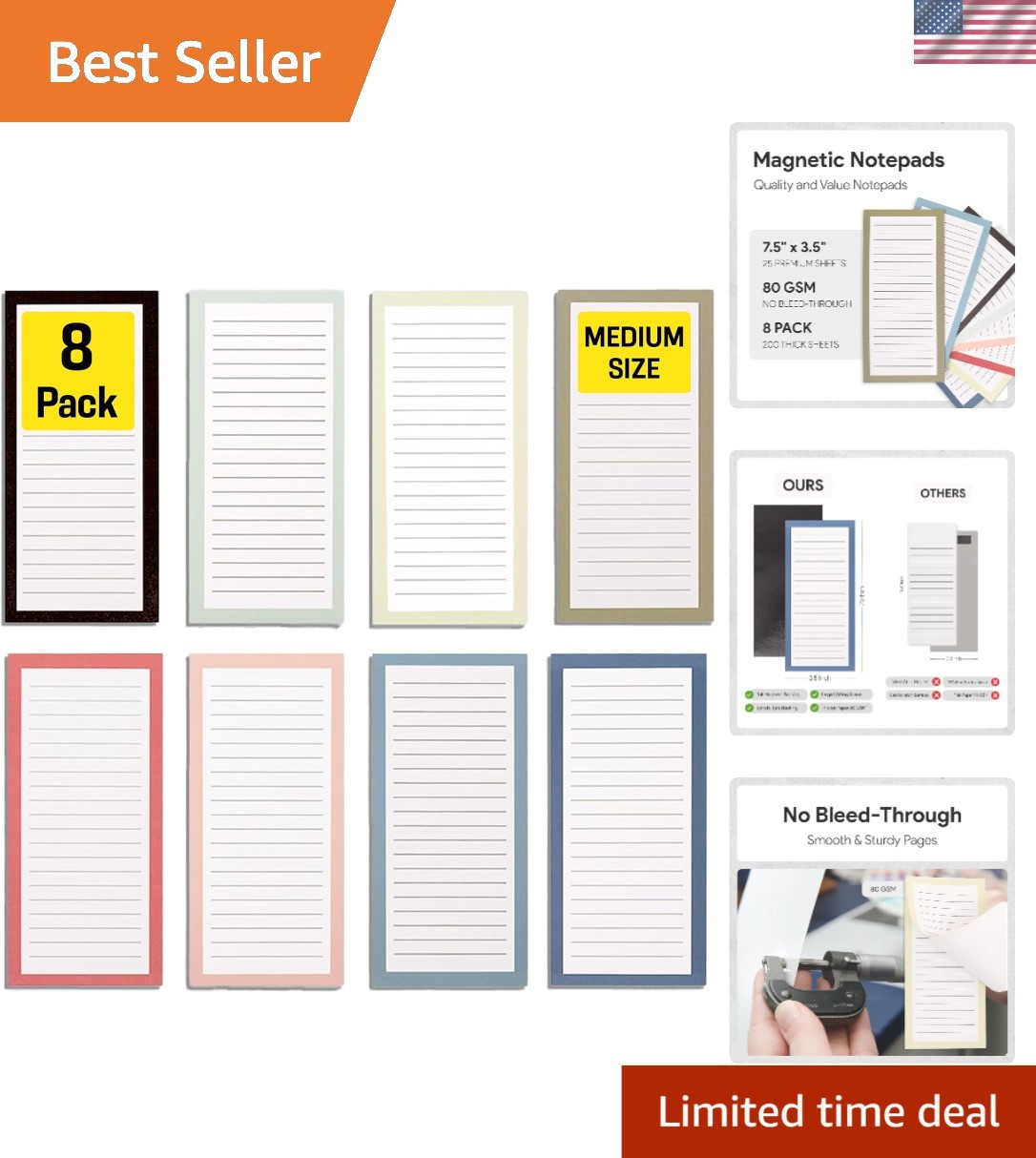 Strong Magnetic Notepads - 8 Solid Pattern Memo Pads, Perfect for Shopping Lists