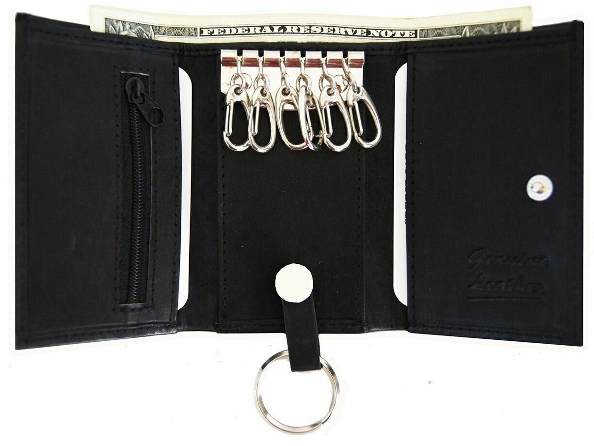 Genuine Leather Men's Key Holder Accessory Easy 6 + Key Chain Wallet Case Black