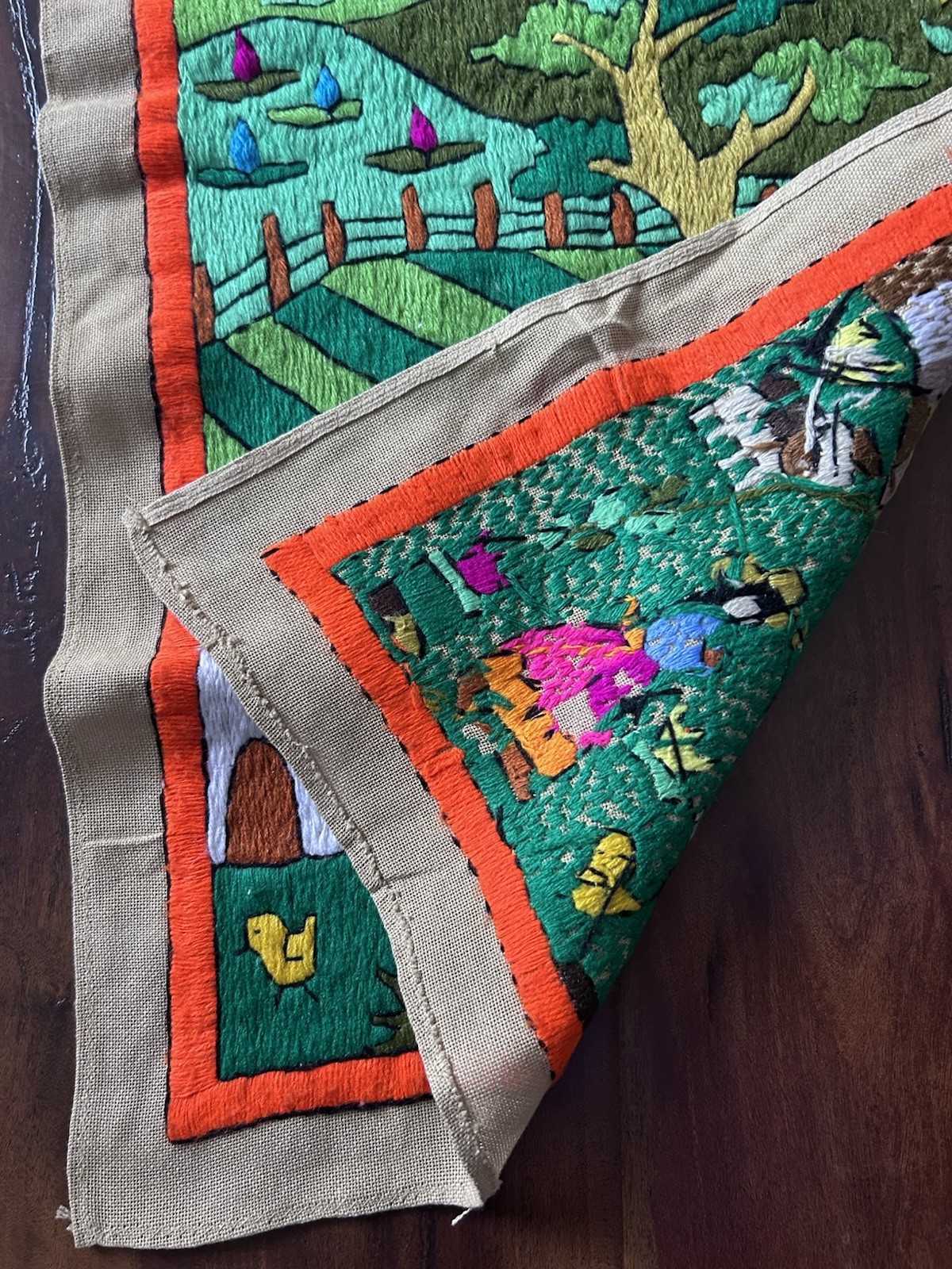 Vintage Crewel Peruvian Arpillera Fabric Folk Art
