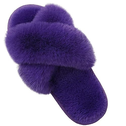 Women's Fuzzy Slippers Cross Band Memory Foam House Slippers 8.5-9.5 Purple