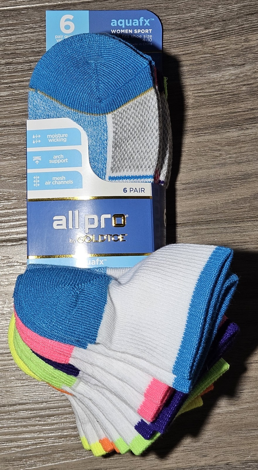 6 Pair All Pro By Gold Toe Women's Sport Quarter Socks AquaFX Sz 4-10 White Neon