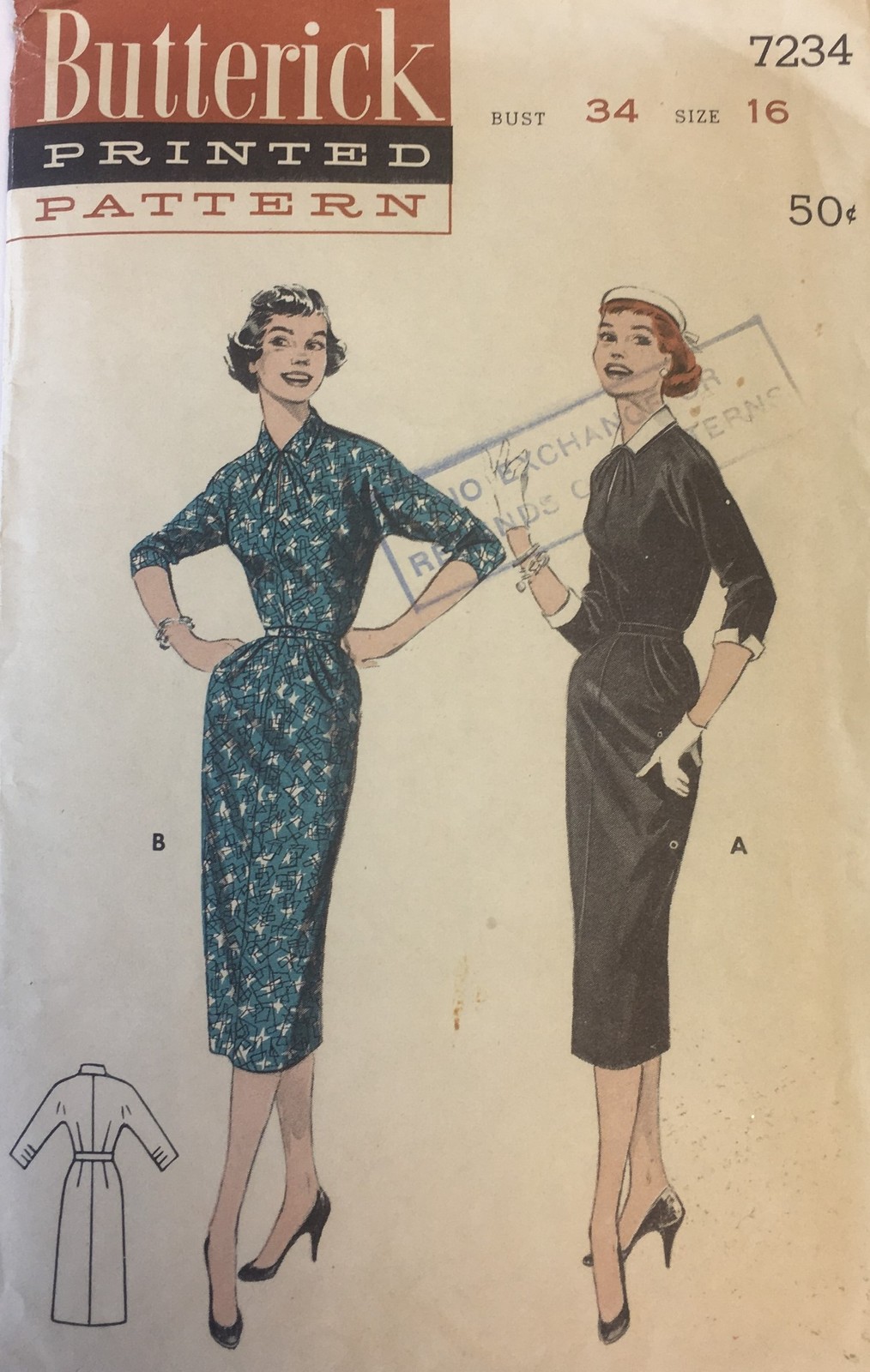 Vintage 1950s Butterick Sewing Pattern 7234 sz 16/34, Narrowed Casual Dress