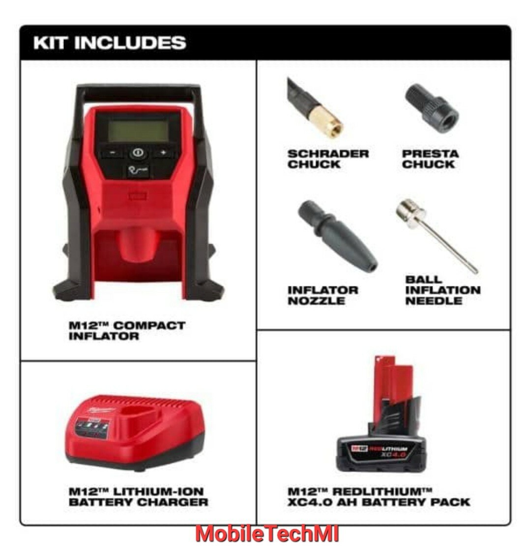 Milwaukee 2475-21XC M12 Cordless Portable Inflator 4.0 Ah Battery Charger Kit